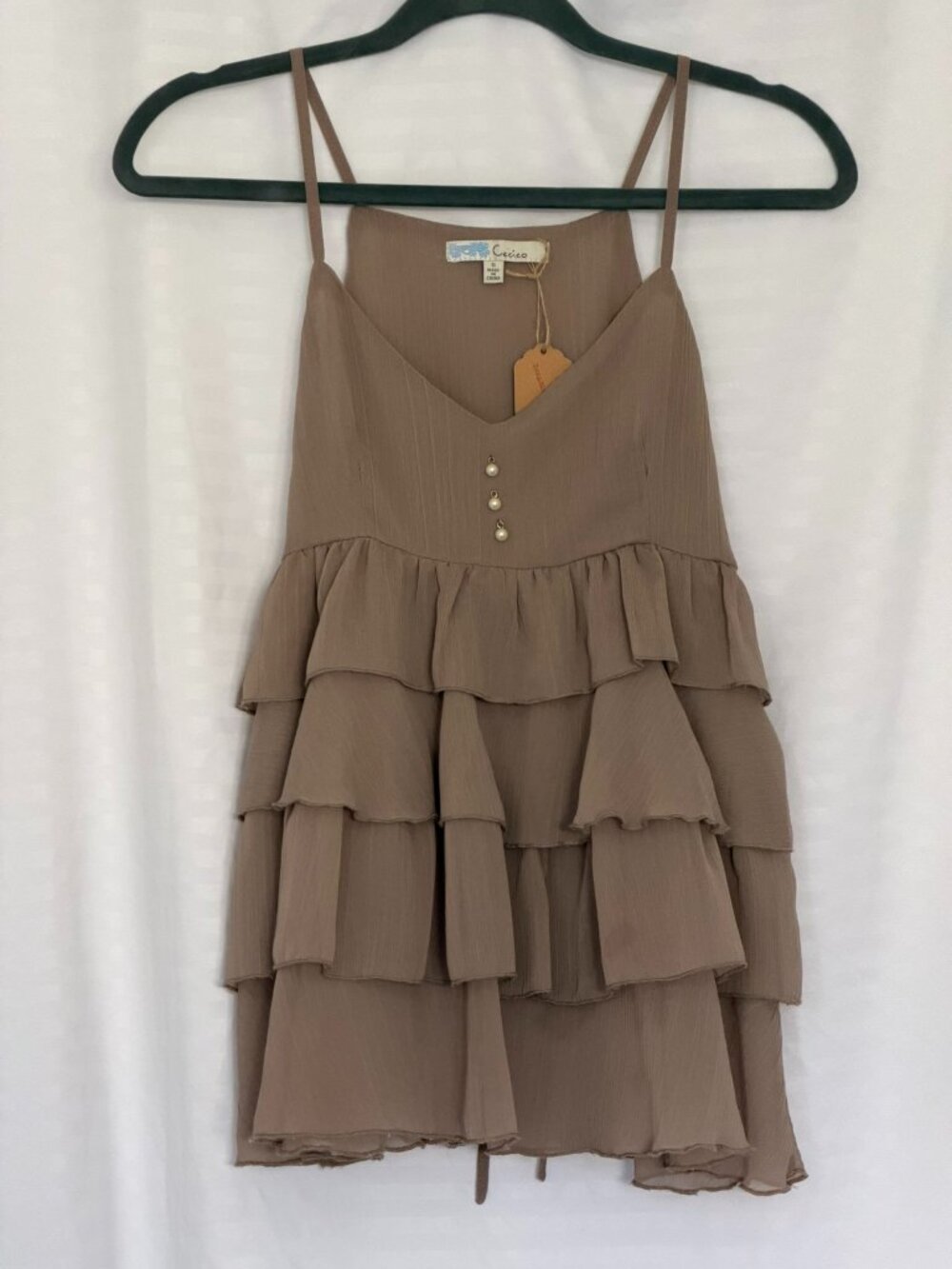 Cecico Taupe Tiered Layered Ruffle Babydoll Cami Tank Top with Pearls - S